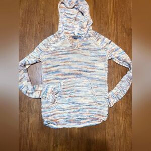 Eddie Bauer women’s multicolor hooded knitted sweater sz M V-neck front pockets